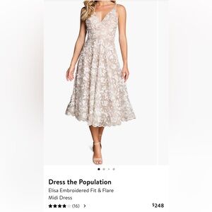 Dress the Population Elisa Embroidered Fit and Flare Midi Dress, NWT Size Medium